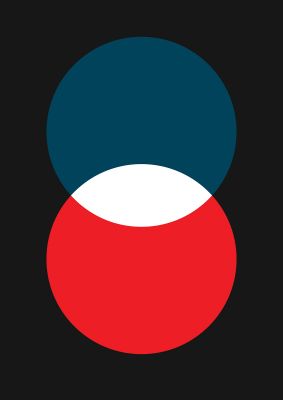 An unframed print of bold geometric two graphical in blue and red accent colour