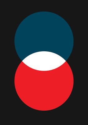 An unframed print of bold geometric two graphical in blue and red accent colour