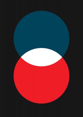 An unframed print of bold geometric two graphical in blue and red accent colour