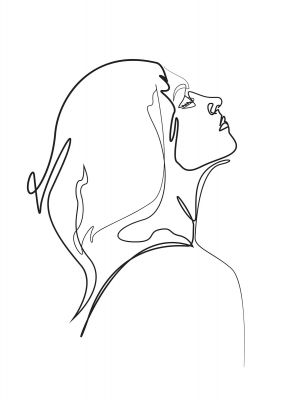 An unframed print of woman line drawing white graphical in white and black accent colour
