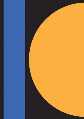 An unframed print of black abstract shapes three graphical in orange and blue accent colour