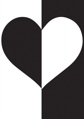 An unframed print of split heart black white graphical illustration in black and white