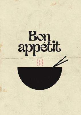 An unframed print of bon appetit distressed bowl graphical in typography in beige and black accent colour