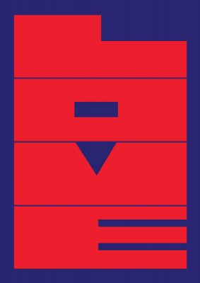 An unframed print of love abstract red graphical in typography in red and blue accent colour