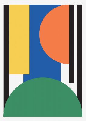 An unframed print of abstract shape three retro in green and multicolour accent colour