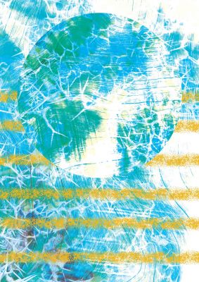An unframed print of distressed abstract sea graphical in aquamarine and multicolour accent colour