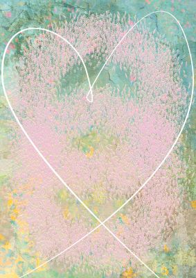 An unframed print of distressed abstract heart graphical in pink and white accent colour