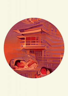 An unframed print of japanese watercolour disc two retro illustration in pink and beige accent colour