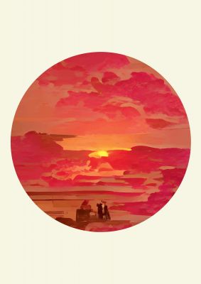 An unframed print of japanese watercolour disc four retro illustration in red and beige accent colour