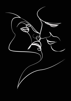 An unframed print of the kiss line drawing black white graphical in black and white accent colour