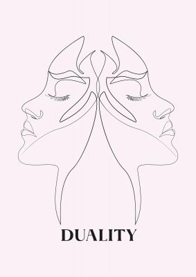 An unframed print of duality line drawing black white graphical in pink and black accent colour