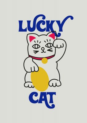 An unframed print of lucky cat cartoon retro in typography in multicolour and white accent colour