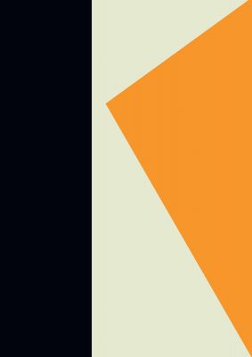 An unframed print of abstract shape mustard three graphical in orange and black accent colour