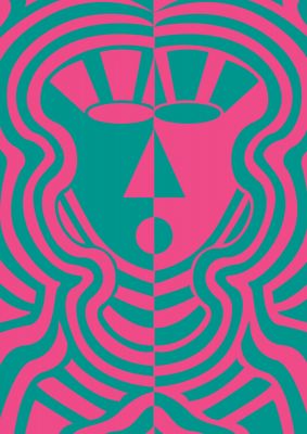 An unframed print of psychedellic face pink green famous paintings abstract in green and pink accent colour