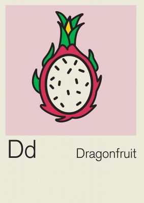 An unframed print of bold childlike fruit four dragonfruit kids wall art illustration in beige and green accent colour