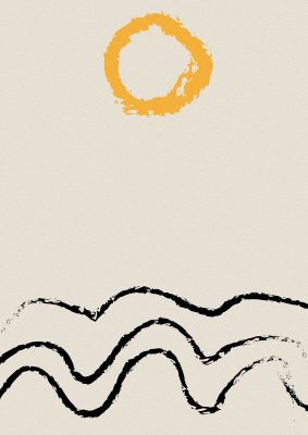 An unframed print of abstract landscape sun two graphical in beige and yellow accent colour