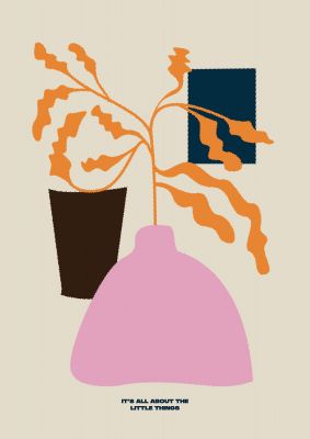 An unframed print of little things still life botanical illustration in pink and orange accent colour