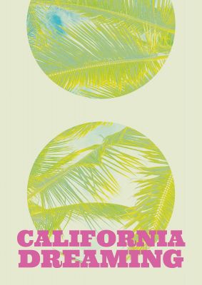 An unframed print of california dreaming travel illustration in green and pink accent colour