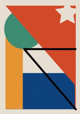 An unframed print of abstract bold shape three retro in multicolour and beige accent colour
