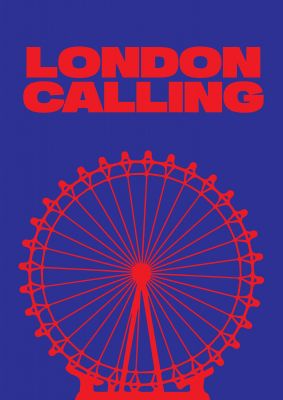 An unframed print of london calling red blue graphical illustration in blue and red accent colour