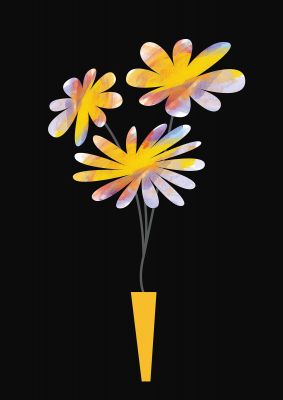 An unframed print of black collage watercolour vase botanical illustration in black and yellow accent colour
