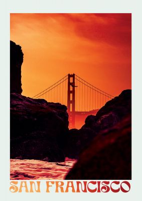 An unframed print of san francisco travel travel illustration in orange and black accent colour