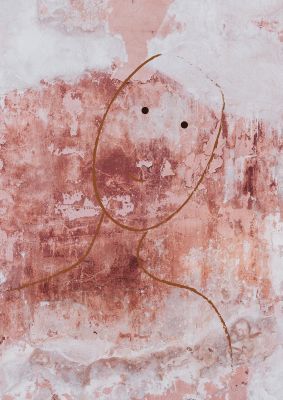 An unframed print of distressed wall abstract face two graphical in pink and black accent colour