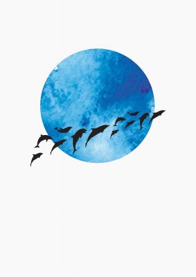 An unframed print of watercolour animal silhouette two illustration in blue and black and white accent colour