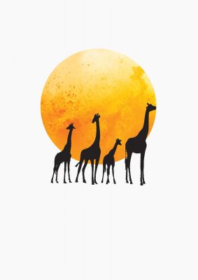 An unframed print of watercolour animal silhouette three illustration in orange and black and white accent colour