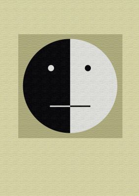 An unframed print of abstract bauhaus style smiley face graphical in green and black and white accent colour