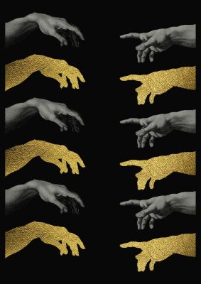 An unframed print of creation of adam gold black famous paintings graphic in black and gold accent colour