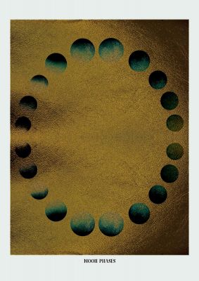An unframed print of gold blue moon phases graphical illustration in brown and gold accent colour
