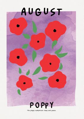 An unframed print of birth month flower series august botanical illustration in purple and red accent colour