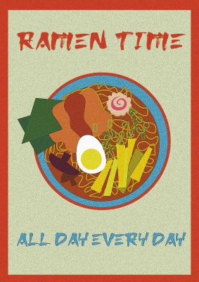 An unframed print of retro ramen time food illustration retro in multicolour and red accent colour