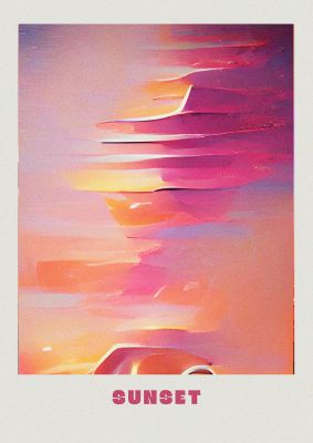 An unframed print of painted sunset two travel illustration in pink and multicolour accent colour