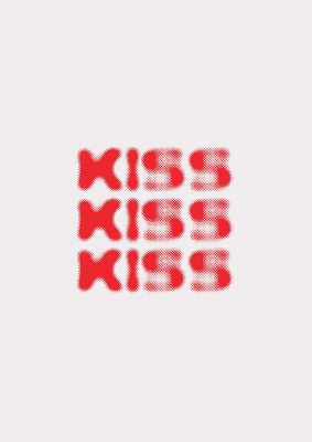An unframed print of kiss kiss kiss graphical in typography in grey and red accent colour