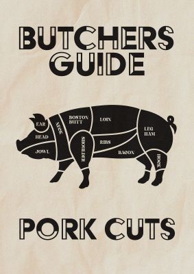 An unframed print of retro kitchen butchers guide pork cuts vintage retro graphic in beige and black accent colour
