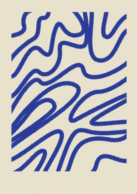 An unframed print of abstract blue shaggy line graphical in beige and blue accent colour