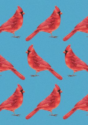 An unframed print of blue pink bird pattern illustration in blue and pink accent colour