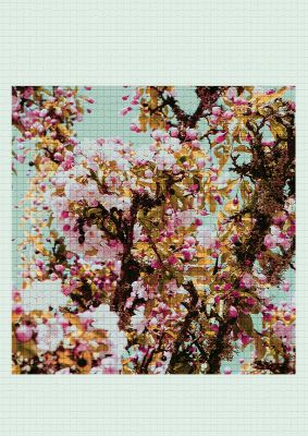 An unframed print of mosaic flower botanical photograph in green and multicolour accent colour