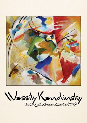An unframed print of wassily kandinsky painting with green center 1913 a famous paintings illustration in multicolour and beige accent colour
