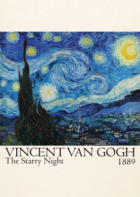 An unframed print of vincent van gogh the starry night 1889 a famous paintings illustration in blue and beige accent colour
