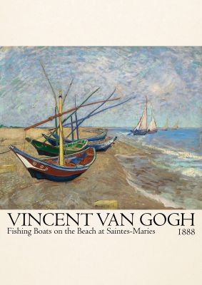 An unframed print of vincent van gogh fishing boats on the beach at saintes maries a famous paintings illustration in multicolour and beige accent colour