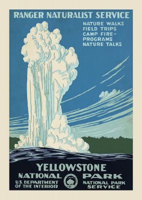 An unframed print of yellowstone national park usa travel illustration in blue and beige accent colour
