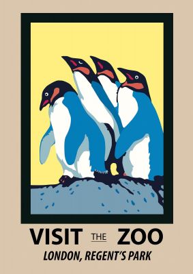 An unframed print of visit the zoo london regents park travel illustration in blue and beige accent colour