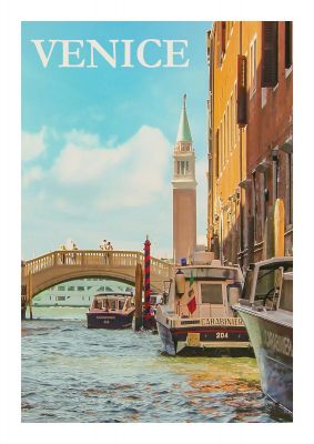 An unframed print of venice travel illustration in blue and white accent colour