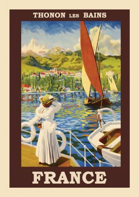 An unframed print of thonon les bains france travel illustration in multicolour and beige accent colour