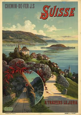 An unframed print of switzerland travel illustration in multicolour and beige accent colour