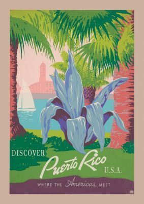 An unframed print of puerto rico usa travel illustration in green and beige accent colour