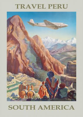 An unframed print of peru travel illustration in pink and blue accent colour